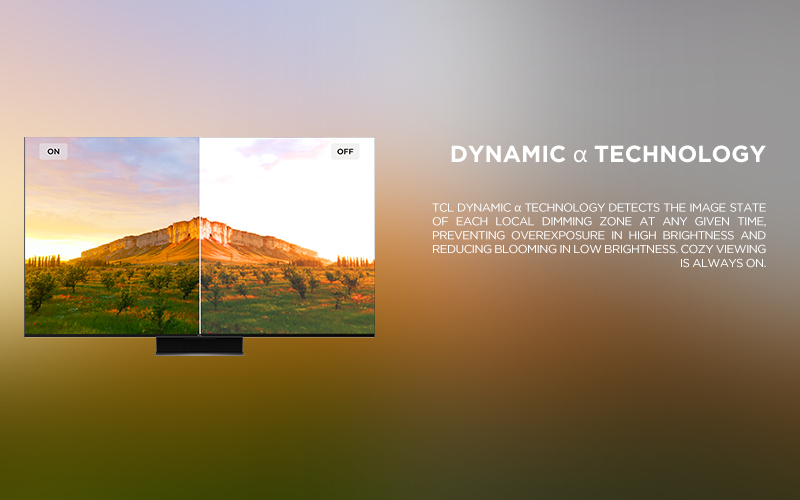 Dynamic α Technology - TCL Dynamic α Technology detects the image state of each local dimming zone at any given time, preventing overexposure in high brightness and reducing blooming in low brightness. Cozy Viewing is always on.
